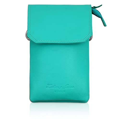 Hudson & James Echtes Leder Handytasche, Echtes Leder Telefon Geldbörse, Kleine Handy Damen Crossbody Umhängetasche Brieftasche für Frauen mit Verstellbarem Abnehmbarem Gurt, türkis, Small von Hudson & James