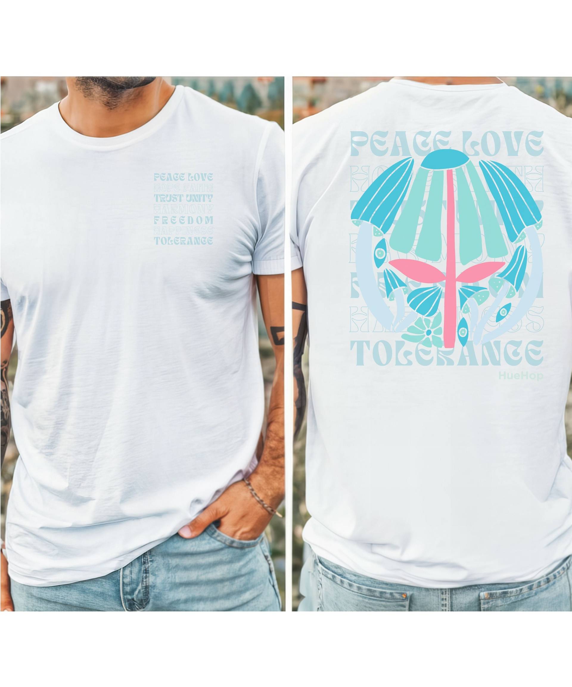 Unisex Retro Peace Love Tolerance Tshirt - Lgbtqia Positive Vibes Hippie Surf Sommer Boho Blumen Pilze Vorder-Rücken-Print Geschenk Unisex Retro Peace Love Tolerance Tshirt - Lgbtqia Positive Vibes Hippie Surf Sommer Boho Blumen Pilze Vorder-Rücken-Print Geschenk von HueHop
