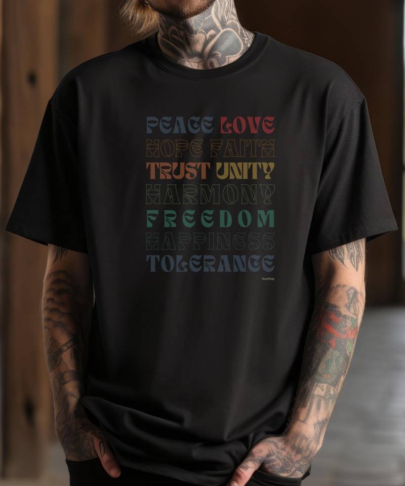 Frieden T-Shirt, Retro Peace Love Hope Tolerance Unisex - Hippie Surf Sommer Geschenk Lgbtqia Positive Vibes, Christliches Shirt Pride von HueHopDE