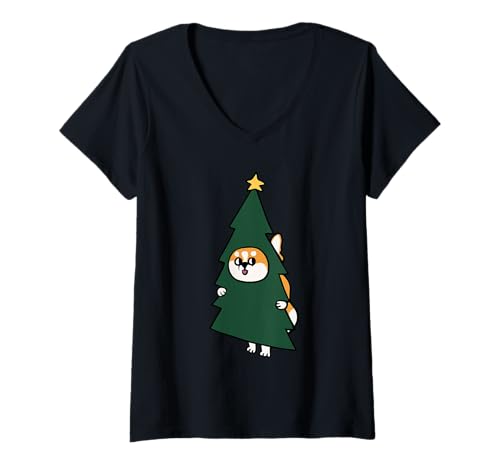 Damen Christmas Corgi Tree T-Shirt mit V-Ausschnitt von Huebucket