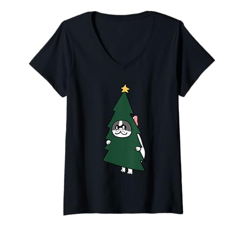 Damen Christmas Frenchie Tree T-Shirt mit V-Ausschnitt von Huebucket