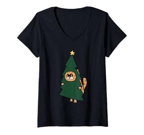 Damen Christmas Persian Cat T-Shirt mit V-Ausschnitt von Huebucket
