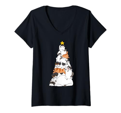 Damen Christmas Tree Exotic Shorthair Cat T-Shirt mit V-Ausschnitt von Huebucket