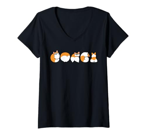 Damen Corgi T-Shirt mit V-Ausschnitt von Huebucket