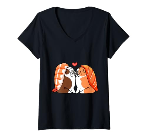 Damen English Bulldog Kiss Sushi T-Shirt mit V-Ausschnitt von Huebucket