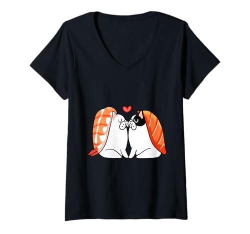Damen Frenchie Kiss Sushi T-Shirt mit V-Ausschnitt von Huebucket
