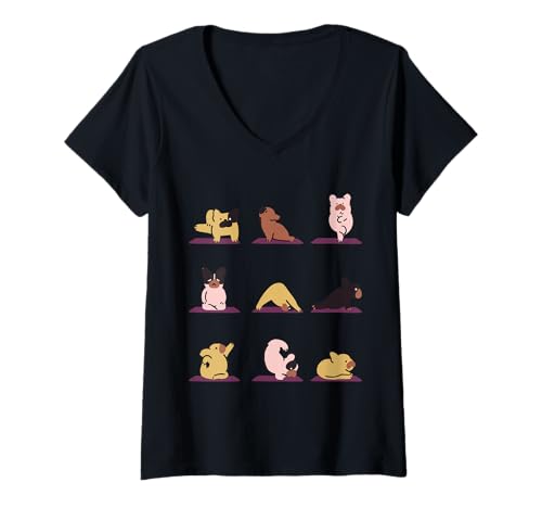 Damen Frenchie Yoga Minimal T-Shirt mit V-Ausschnitt von Huebucket