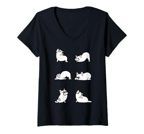 Damen Frenchie Yoga for Lower Back T-Shirt mit V-Ausschnitt von Huebucket