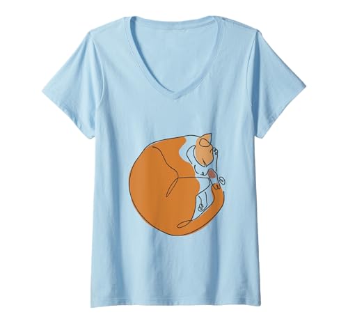 Damen Minimal Line Cat Sleep T-Shirt mit V-Ausschnitt Damen Minimal Line Cat Sleep T-Shirt mit V-Ausschnitt von Huebucket