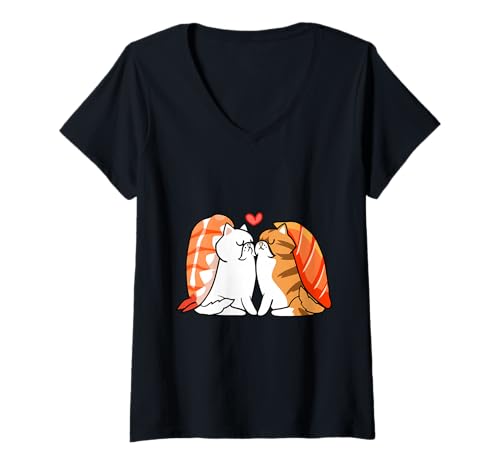 Damen Persian Cat Kiss Sushi T-Shirt mit V-Ausschnitt von Huebucket
