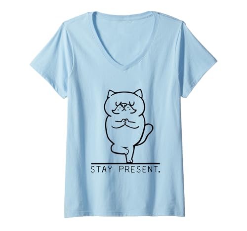Damen Persian Cat Stay Present T-Shirt mit V-Ausschnitt von Huebucket