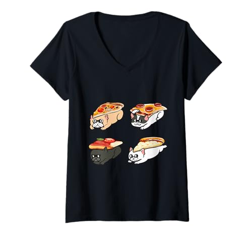 Damen Pizza French Bulldog T-Shirt mit V-Ausschnitt von Huebucket