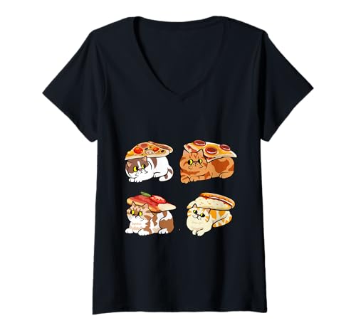 Damen Pizza Persian Cat T-Shirt mit V-Ausschnitt von Huebucket
