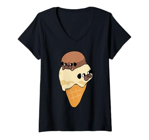 Damen Pug Ice Cream T-Shirt mit V-Ausschnitt von Huebucket