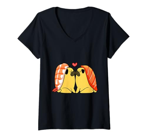 Damen Pug Kiss Sushi T-Shirt mit V-Ausschnitt von Huebucket