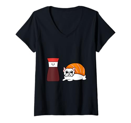 Damen Soy Frenchie Sushi T-Shirt mit V-Ausschnitt von Huebucket