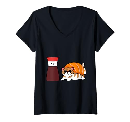 Damen Soy Persian Cat Sushi T-Shirt mit V-Ausschnitt von Huebucket