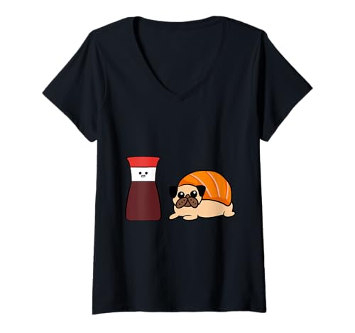 Damen Soy Pug Sushi T-Shirt mit V-Ausschnitt von Huebucket