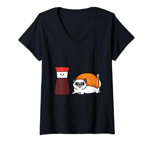 Damen Soy Siamese Cat Sushi T-Shirt mit V-Ausschnitt von Huebucket