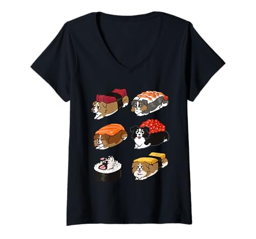 Damen Sushi Border Collie T-Shirt mit V-Ausschnitt von Huebucket