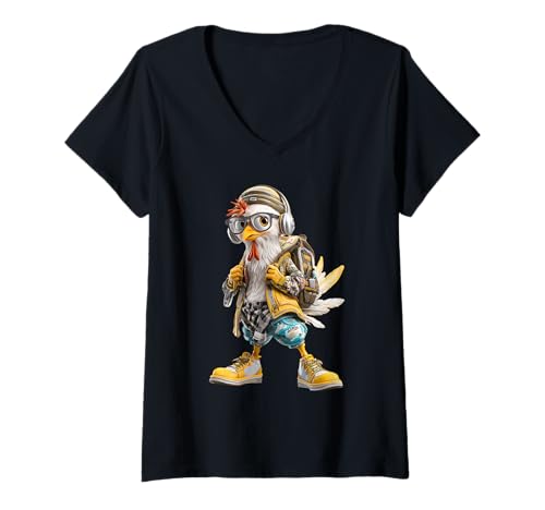 Damen Lustiges Hühner Design mit Hip Hop Outfit und Urban Hahn T-Shirt mit V-Ausschnitt Damen Lustiges Hühner Design mit Hip Hop Outfit und Urban Hahn T-Shirt mit V-Ausschnitt von Hühner Design Bekleidung für Herren Damen Kinder