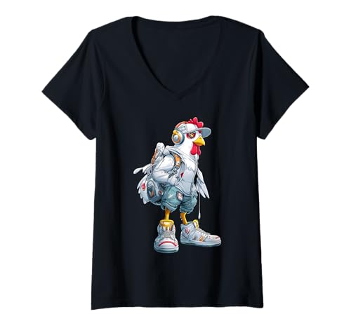 Damen Lustiges Hühner Design mit Hip Hop Outfit und Urban Hahn T-Shirt mit V-Ausschnitt Damen Lustiges Hühner Design mit Hip Hop Outfit und Urban Hahn T-Shirt mit V-Ausschnitt von Hühner Design Bekleidung für Herren Damen Kinder