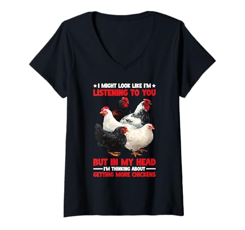 Damen I'm Listening But Thinking About More Chickens - T-Shirt mit V-Ausschnitt Damen I'm Listening But Thinking About More Chickens - T-Shirt mit V-Ausschnitt von Hühnertagträume Farmer Abteilung