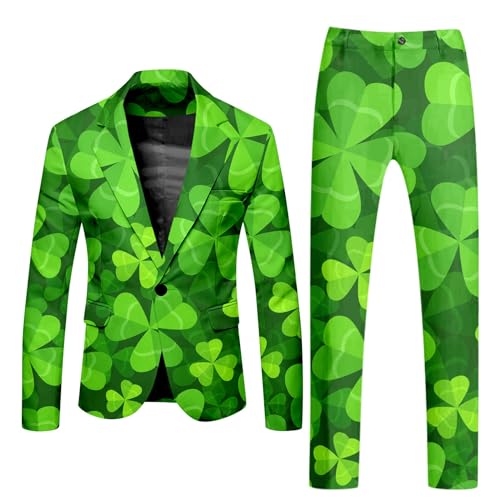 Huesdet Anzug Herren Partyanzug Herren St. Patrick's Day Luck of The Irish Kleeblatt Anzug Jackett und Hose Tailliert Party Kostüme Outfit 80er von Huesdet