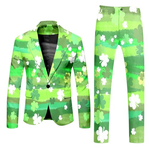 Huesdet Anzug Herren Partyanzug für Herren St. Patrick's Day Luck of The Irish Kleeblatt Anzug Jackett und Hose Tailliert Party Kostüme Outfit 80er von Huesdet