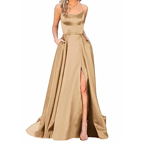 Huesdet Damen Elegante Satin Abendkleid A-Linie Ballkleid mit Hohem Schlitz Sexy Rückenfreies Cocktailkleid Spaghettiträger Abschlusskleid Langes Partykleid mit Taschen Ärmellos Brautjunferkleid von Huesdet