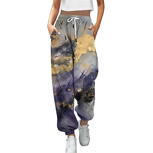 Huesdet Damen Lang Jogginghose Hohe Taille Sporthose Lose Lässige Sweathose Trainingshose mit Kordelzug und Elastischer Bund Bunt Drucken Freizeithose Mode Yoga Hosen Sweatpant mit Taschen von Huesdet