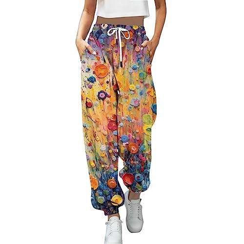 Huesdet Damen Lang Jogginghose Hohe Taille Sporthose Lose Lässige Sweathose Trainingshose mit Kordelzug und Elastischer Bund Bunt Drucken Freizeithose Mode Yoga Hosen Sweatpant mit Taschen von Huesdet