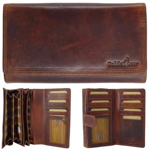 Golden Deer XXL Grosse Geldbörse Damen Herren viele Fächer Leder Portemonnaie Geldbörsen Portmonee braun RFID Blocker (Dunkelbraun, Braun) von Hutmann