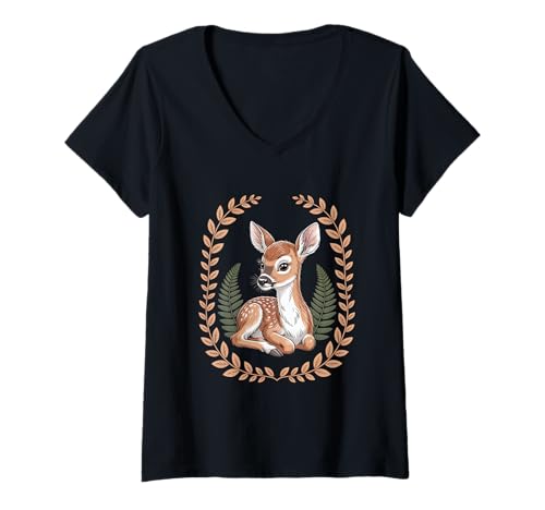 Damen Landhausstil Cottagecore Rehkitz Im Wald Mit Farnkranz T-Shirt mit V-Ausschnitt Damen Landhausstil Cottagecore Rehkitz Im Wald Mit Farnkranz T-Shirt mit V-Ausschnitt von Hüttenzauber Cottagecore Wald Rehkitz Naturträume