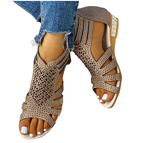 Damen Kristall Gladiator Sandalen Damen Mode Offene Zehen Sandalen Boho Strass Cut Out Back Zip Up Sandalen Schuhe Atmungsaktiv Und Rutschfeste Keilsandale Strandsandalen von Hufu