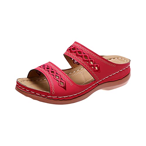 Hufu Damen Pantoletten Sommer, Modische Peeptoes Keilsandalen, Elegant Orthopädische Sandalen, Boho Sandale Badesandalen Frauen, Römersandalen Sommerschuhe Mit Absatz (35, Rot) von Hufu