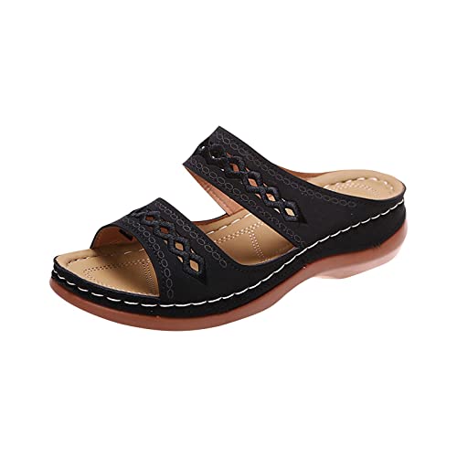 Hufu Damen Pantoletten Sommer, Modische Peeptoes Keilsandalen, Elegant Orthopädische Sandalen, Boho Sandale Badesandalen Frauen, Römersandalen Sommerschuhe Mit Absatz (35, Schwarz) von Hufu