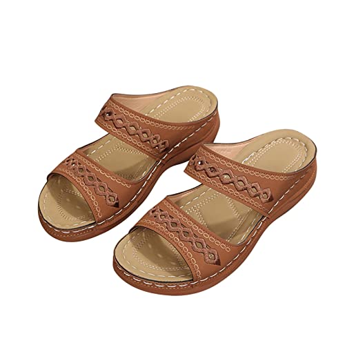 Hufu Damen Pantoletten Sommer, Modische Peeptoes Keilsandalen, Elegant Orthopädische Sandalen, Boho Sandale Badesandalen Frauen, Römersandalen Sommerschuhe Mit Absatz (36, Braun) von Hufu