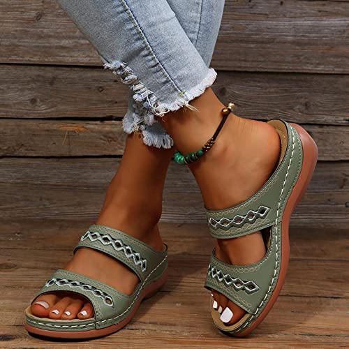 Hufu Damen Pantoletten Sommer, Modische Peeptoes Keilsandalen, Elegant Orthopädische Sandalen, Boho Sandale Badesandalen Frauen, Römersandalen Sommerschuhe Mit Absatz (36, Grün) von Hufu