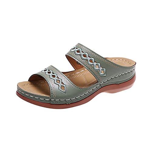 Hufu Damen Pantoletten Sommer, Modische Peeptoes Keilsandalen, Elegant Orthopädische Sandalen, Boho Sandale Badesandalen Frauen, Römersandalen Sommerschuhe Mit Absatz (38, Grün) von Hufu