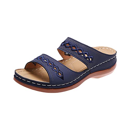 Hufu Damen Pantoletten Sommer, Modische Peeptoes Keilsandalen, Elegant Orthopädische Sandalen, Boho Sandale Badesandalen Frauen, Römersandalen Sommerschuhe Mit Absatz (38, Navy Blau) von Hufu