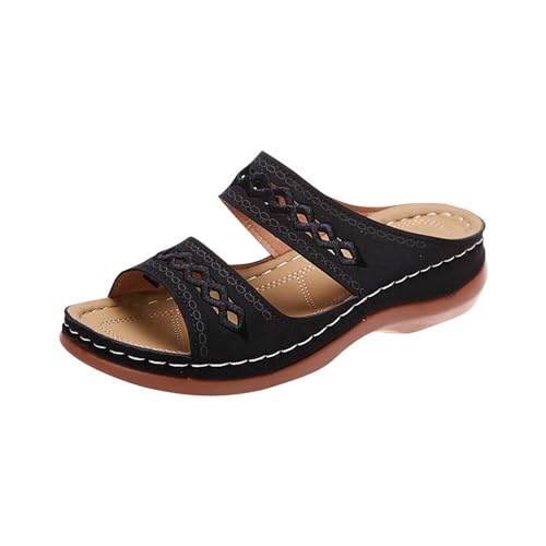 Hufu Damen Pantoletten Sommer, Modische Peeptoes Keilsandalen, Elegant Orthopädische Sandalen, Boho Sandale Badesandalen Frauen, Römersandalen Sommerschuhe Mit Absatz (40, Schwarz) von Hufu