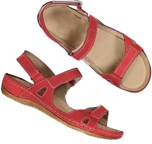 Hufu Damen Sommer Orthopädische Sandalen, Outdoor Kunstleder Damenschuhe, Retro Leichte Slingback Flach Sandals Weiß Arch Support (Rot, Erwachsene, Damen, 38, Numerisch, EU Schuhgrößensystem, M) von Hufu