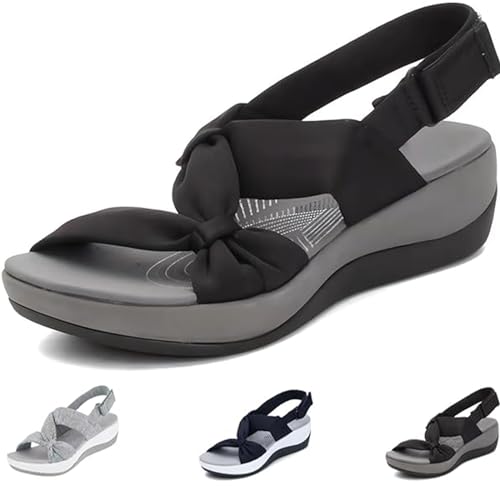 Hufu Orthopädische Sandalen Breite Füße Damen, Leichte Orthopedische Slingback Sandals, Sommerschuhe Bequeme Flach Elegant Sandaletten, Casual Atmungsaktive Weiche Sohle Damenschuhe (Schwarz, 39) von Hufu