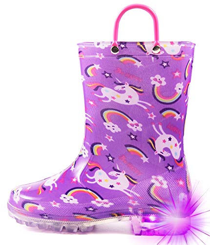 Hugrain Entzückende Kinder-Gummistiefel mit leicht anzuziehenden Griffen, Lila Einhorn-Lichter, 24 EU von HugRain