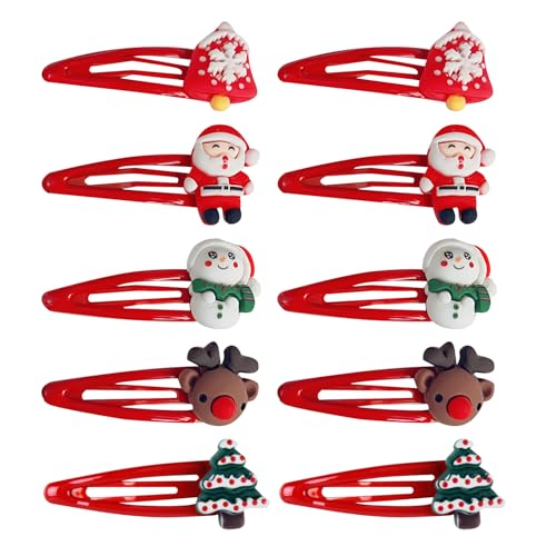 10 Stück Weihnachten Haarschmuck Haarspangen in Rot, Niedliche Haarclips für Kinder Mädchen Damen, Weihnachts Deko Accessoires Rentier Schneemann Weihnachtsbaum von Hugfads