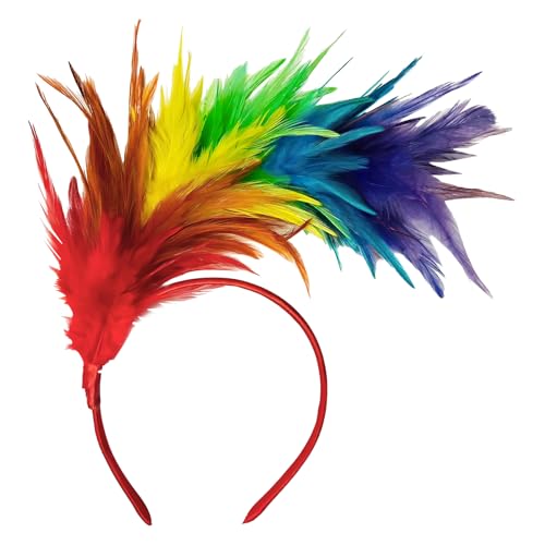 Eleganter Fascinator Haarreif in Bunten Farben | Regenbogen Feder Stirnband für Damen & Mädchen | Festlicher Haarschmuck zur Hochzeit, Karneval, Fasching von Hugfads