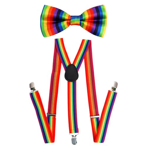 Hugfads 2-teiliges Set: Regenbogen-Fliege und Hosenträger für LGBT Pride Events und Party Dress Up - Lebendige Farben für auffälligen Stil von Hugfads