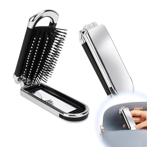 Reise Haarbürste mit Spiegel,Klappbürste,Faltbare Mini Haarbürste Pocket Reisebürste,Klapp Haarmassagekamm,Mini Haarbürste,Tragbare Silber Haar-Styling Kamm für Männer, Mädchen, Frauen von Hugfads