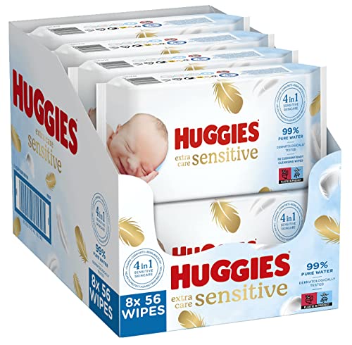 Huggies Pure Extra Care Sensitive Baby-Feuchttücher, Für den ganzen Körper, 99 % reines Wasser, Parfümfrei, 8 x 56 Tücher, Monatsbox von HUGGIES